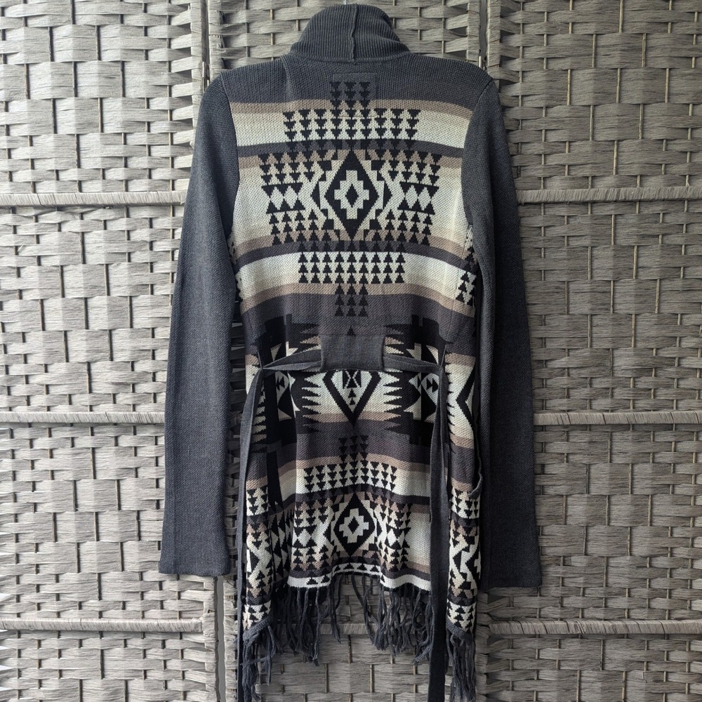 Billabong Cardigan Grey Southwestern Fringe Belted Sweater Long Line Sz M Aztec